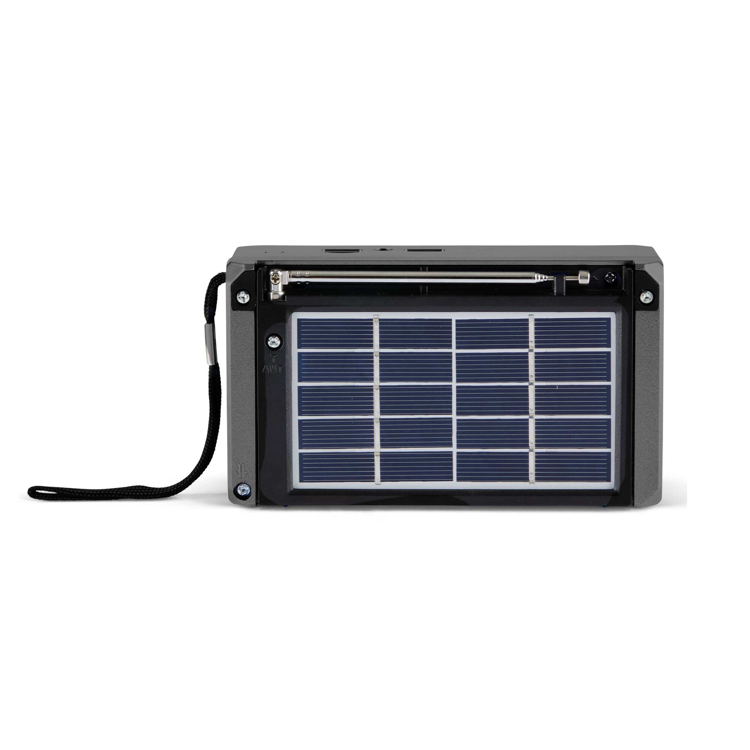 Left. QFX - Portable Solar Rechargeable 6-Band Radio with Bluetooth and Flashlight and AM/FM/SW - Black.