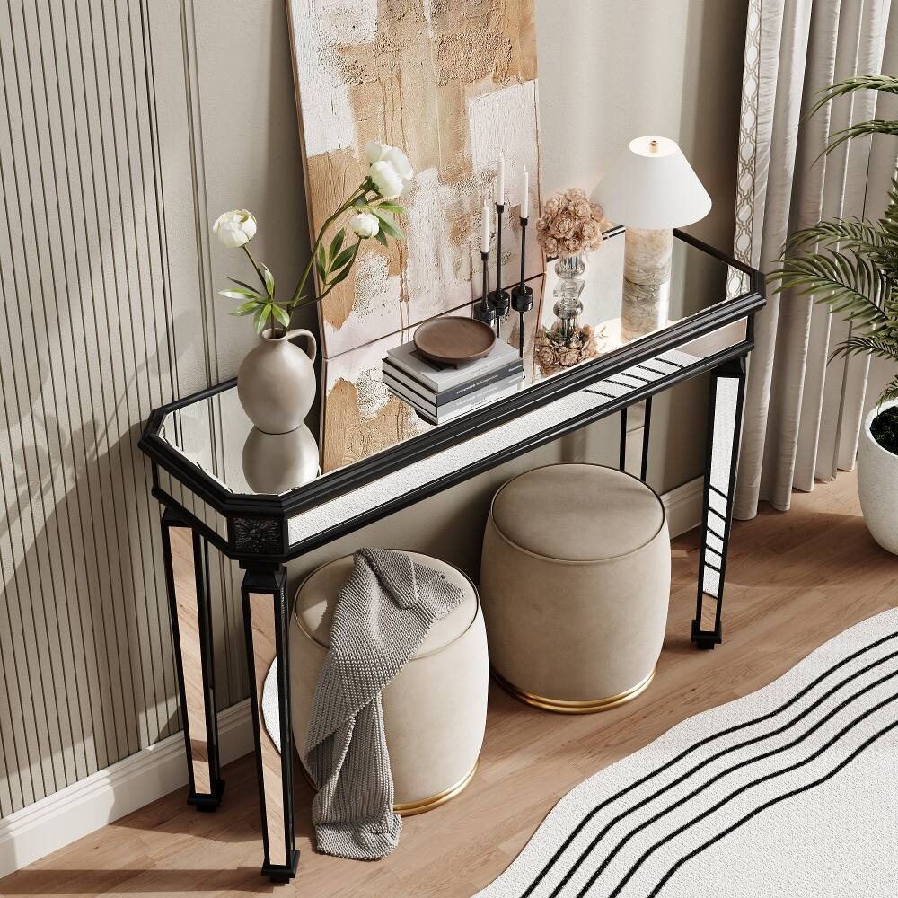Left. Loheer - Loheer black mirrored console table with vintage wood carving 48 inch - Black.