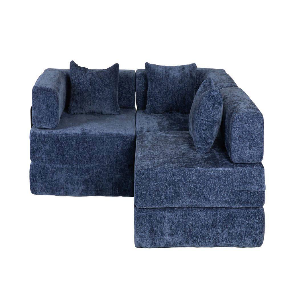 Alt View 7. Kadyn - Compression Sectional Sofa, Convertible Floor Bed with Fixed Frame, Boneless Chenille, Dark Blue - Blue.