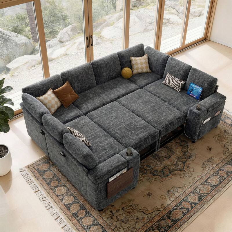 Back. Dyonery - 112” Modular Sectional Sofa with Storage, U Shaped Couch for Living Room, 8-Seat Chenille Deep Seat Sofa. - Grey.
