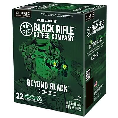 KEURIG  
AMERICA'S COFFEE

BLACK RIFLE COFFEE COMPANY

BEYOND BLACK  
DARK

22 RECYCLABLE K-CUPS  
22-0.33 OZ (11g) NET WT 8.5 OZ (242g)