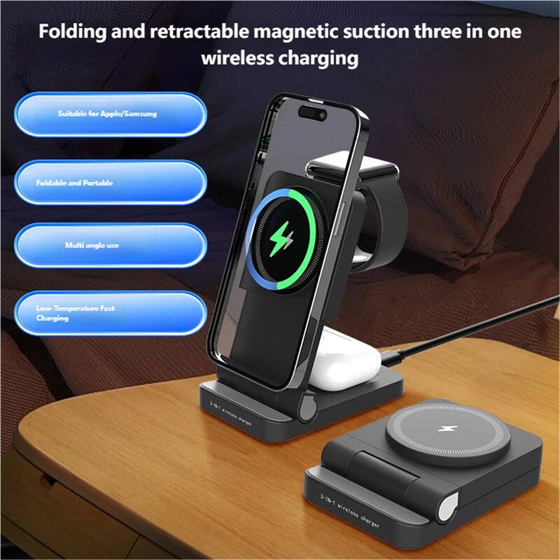 Folding and retractable magnetic suction three in one wireless charging

- Suitable for Apple/Samsung
- Foldable and Portable
- Multi angle use
- Low-Temperature Fast Charging