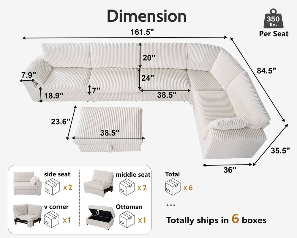 Dimension: 161.5"  
Per Seat: 350 lbs  
20"  
24"  
38.5"  
84.5"  
18.9"  
7"  
38.5"  
23.6"  
35.5"  
36"  

side seat x 2  
v corner x 1  
middle seat x 2  
Ottoman x 1  

Total ships in 6 boxes