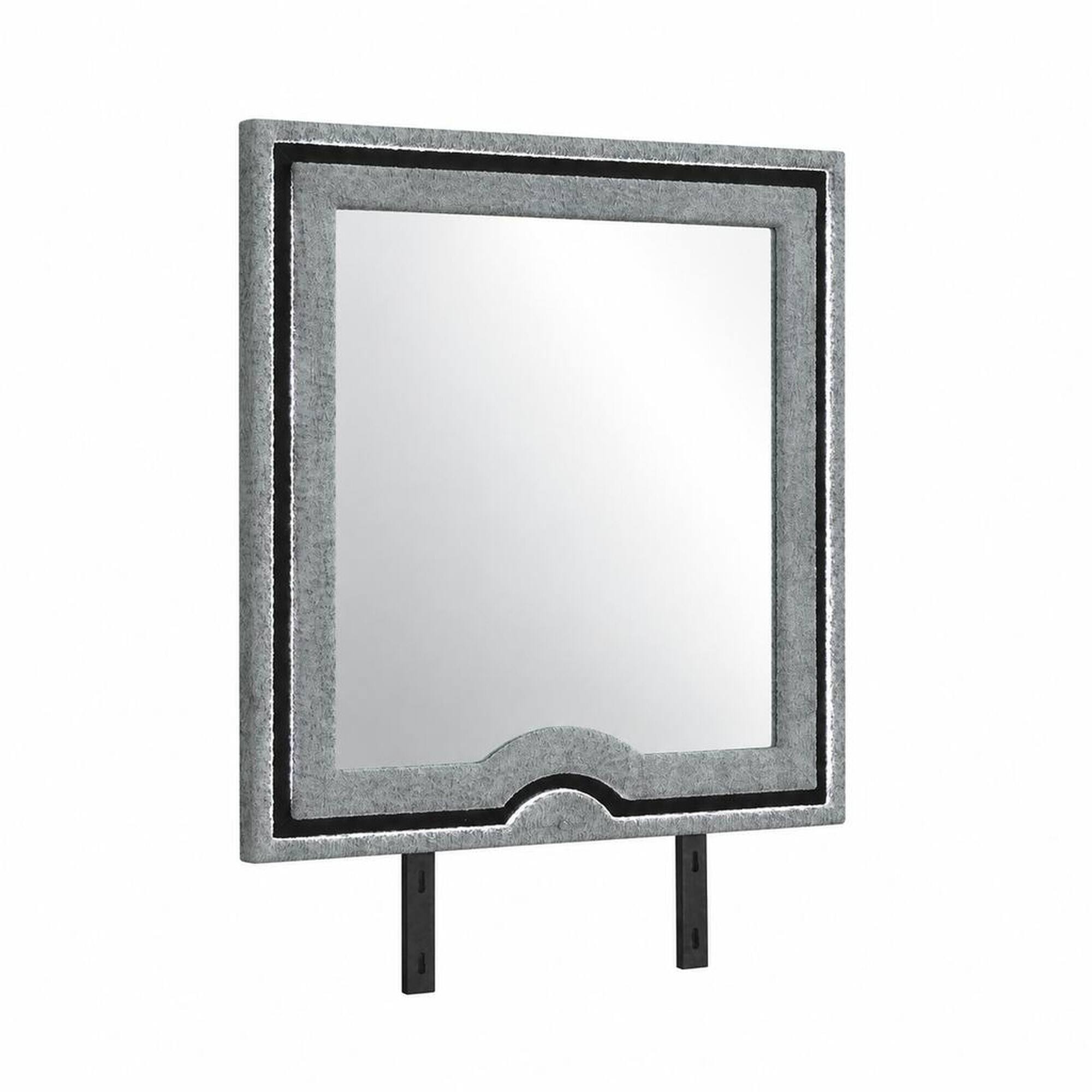 Front. RYHNUYNE - Gray Upholstered Dresser Mirror, Large Rectangular Frame, LED Lit, Attaches to Dresser - Gray.