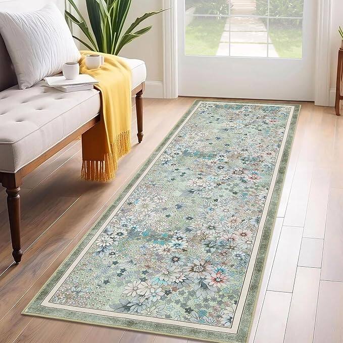 Front. Maxxis Merch - 9'x 12'Runner Rug for Hallways Kitchen Non Slip Washable Rugs with Rubber Backing Soft Floral Carpet Runner for Hallways - Green.