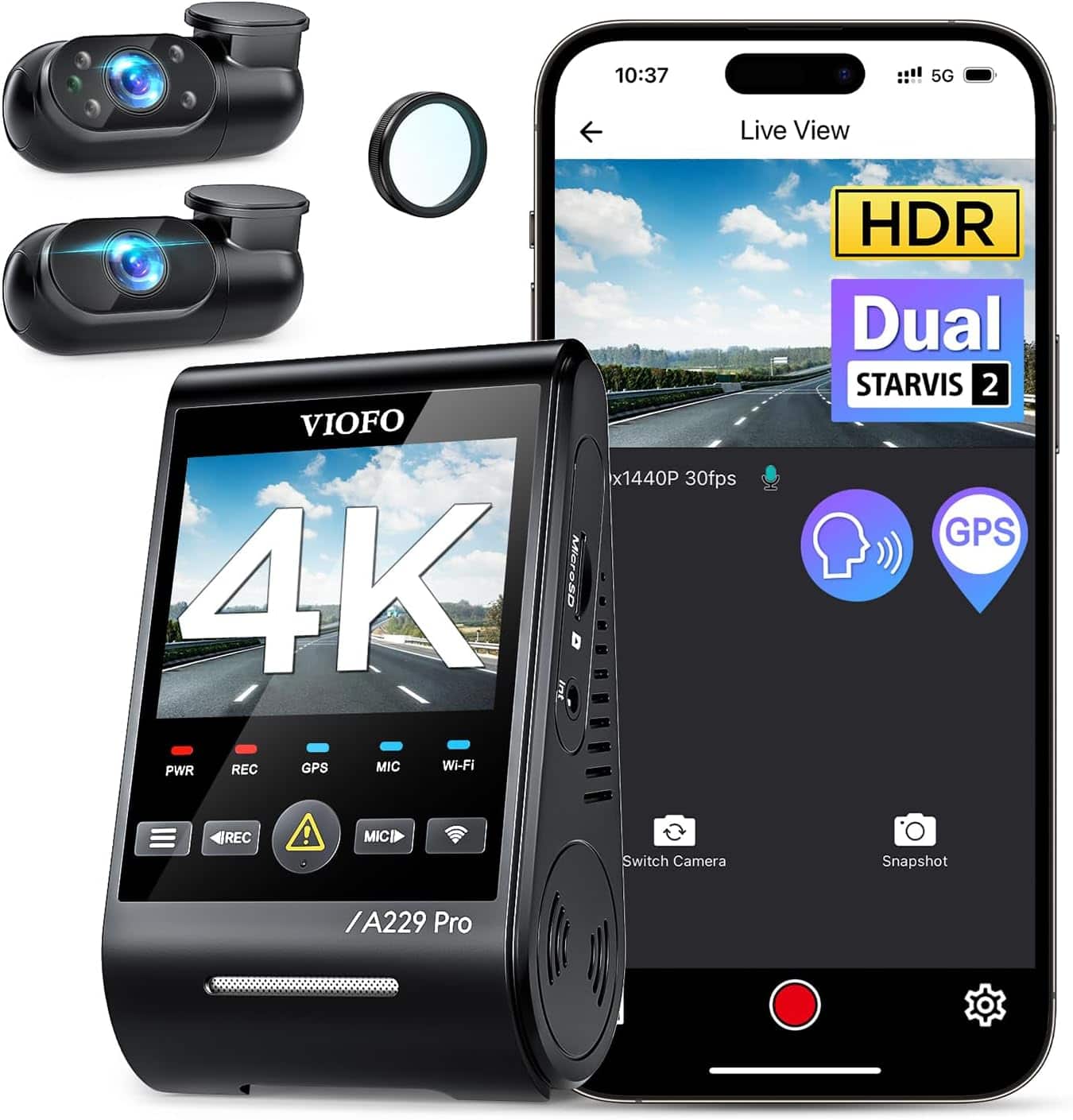 VIOFO - A229 Pro 3CH 4K Dash Cam, STARVIS 2, 4K+2K+1080P Front/Rear/Interior, 5GHz WiFi GPS, Voice Control, Parking Mode - Black