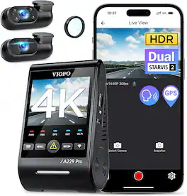VIOFO - A229 Pro 3CH 4K Dash Cam, STARVIS 2, 4K+2K+1080P Front/Rear/Interior, 5GHz WiFi GPS, Voice Control, Parking Mode - Black