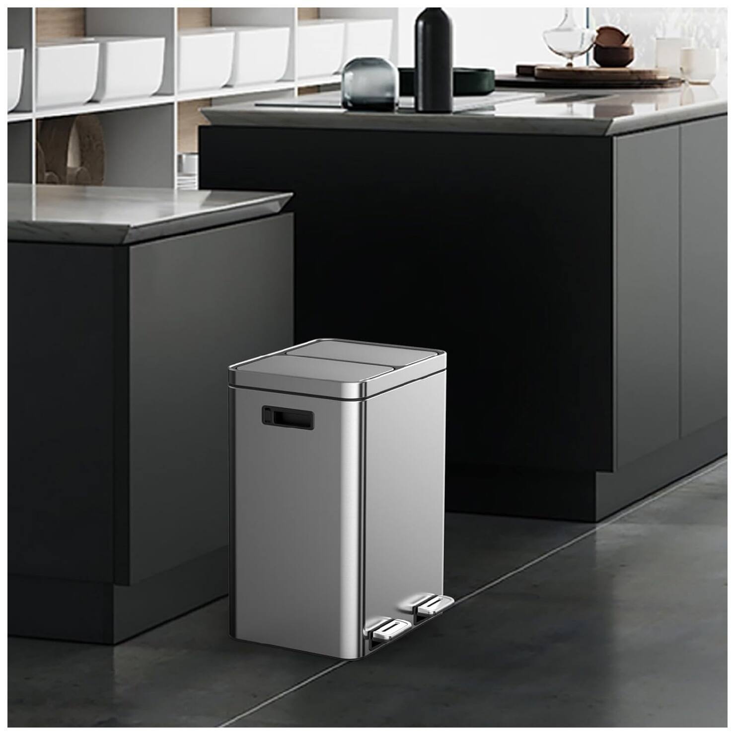 Angle. GARVEE - Dual Compartment 40L Stainless Steel Kitchen Bin – Soft-Close Pedal, 2 Removable Buckets - Silver.