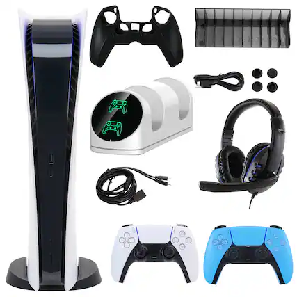 Front. Sony - PS5 Digital Console with Extra Blue Dualsense Controller and Accessories Kit - White.