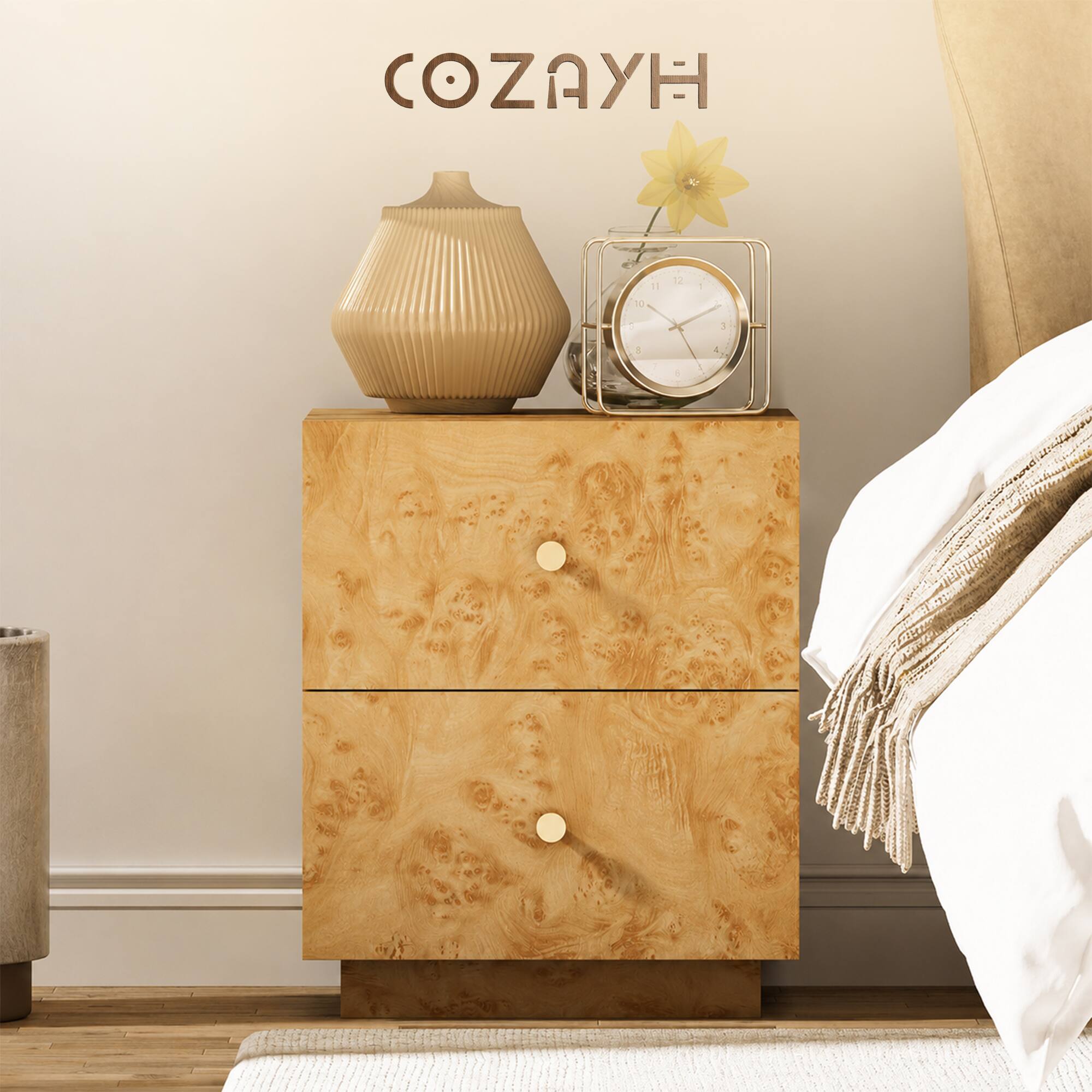 Alt View 6. Aoikax - Aoikax Modern 2-Drawer Nightstand, Burl Finish Bedside Storage Table, Brown - Burl finish.