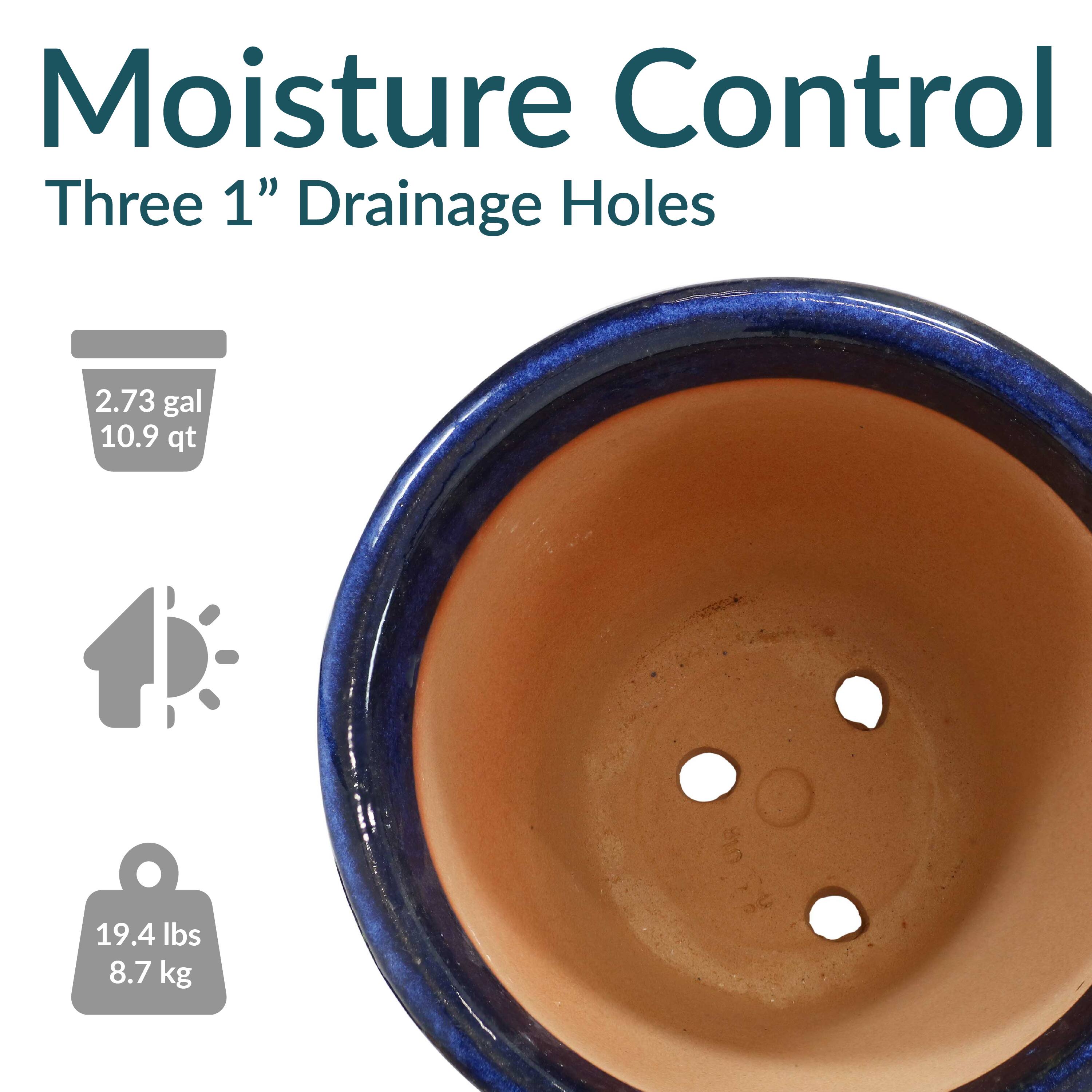Moisture Control  
Three 1" Drainage Holes  

2.73 gal  
10.9 qt  

19.4 lbs  
8.7 kg