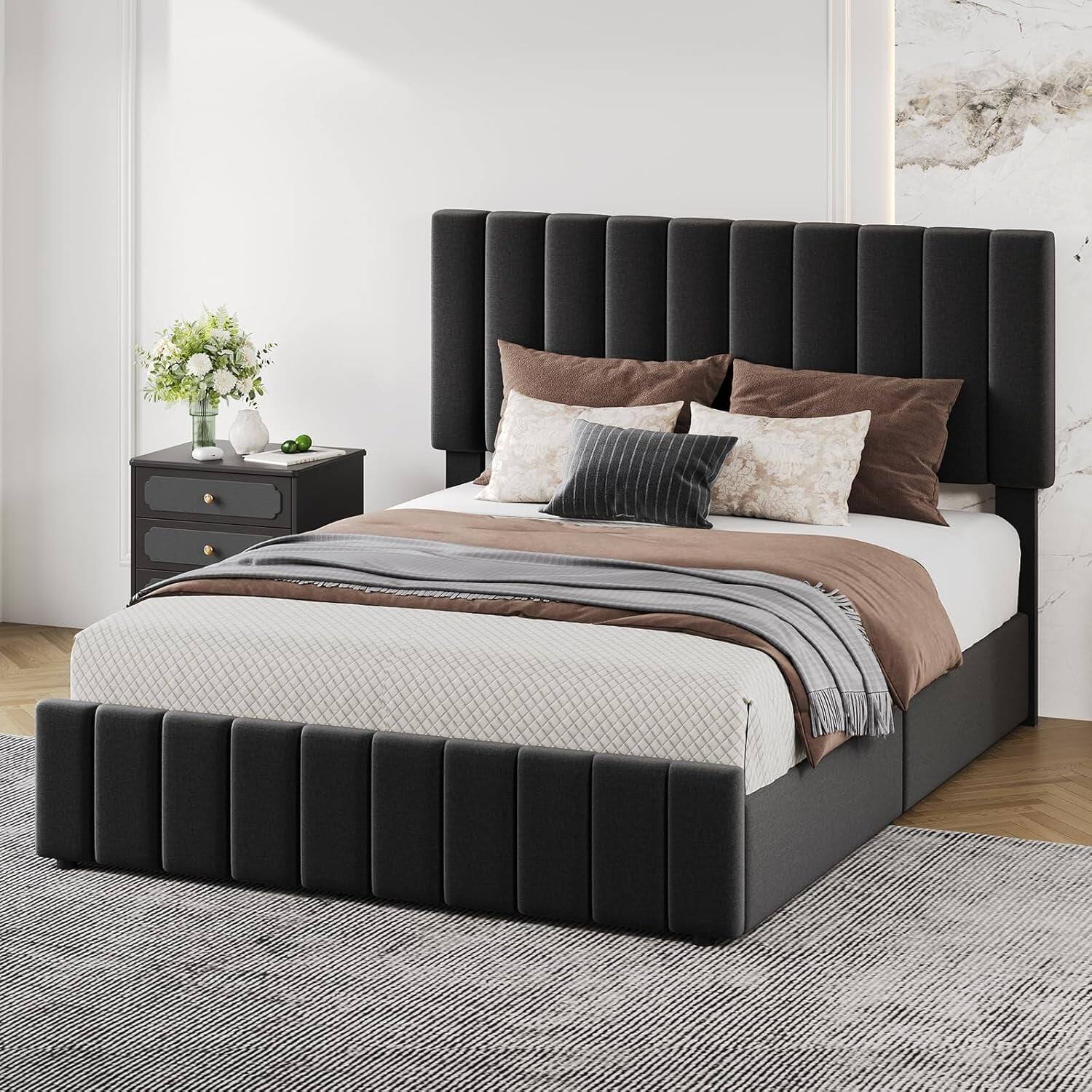 Left. GARVEE - Queen Upholstered Bed Frame Black 4 Storage Drawers Adjustable Headboard No Box Spring Modern - Black Queen.