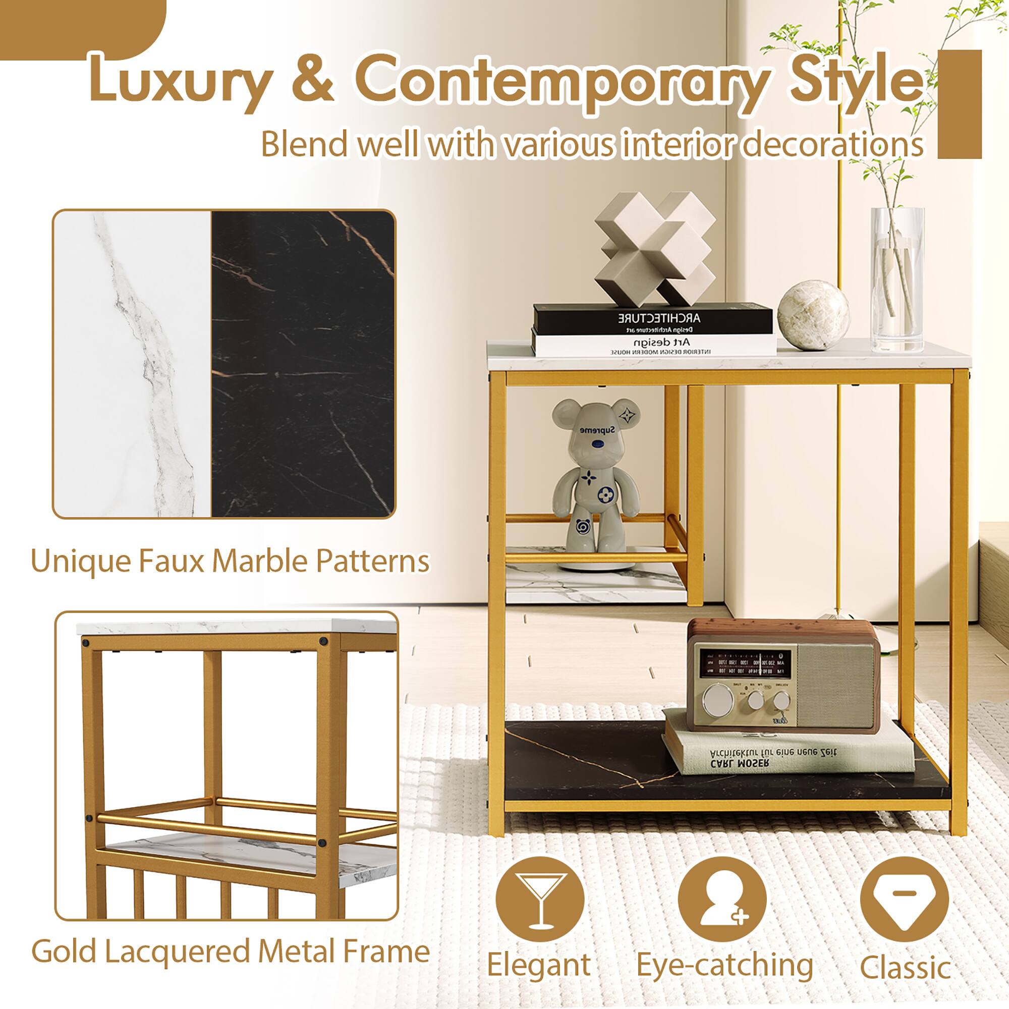Luxury & Contemporary Style  
Blend well with various interior decorations

Unique Faux Marble Patterns

Gold Lacquered Metal Frame

Elegant  
Eye-catching  
Classic