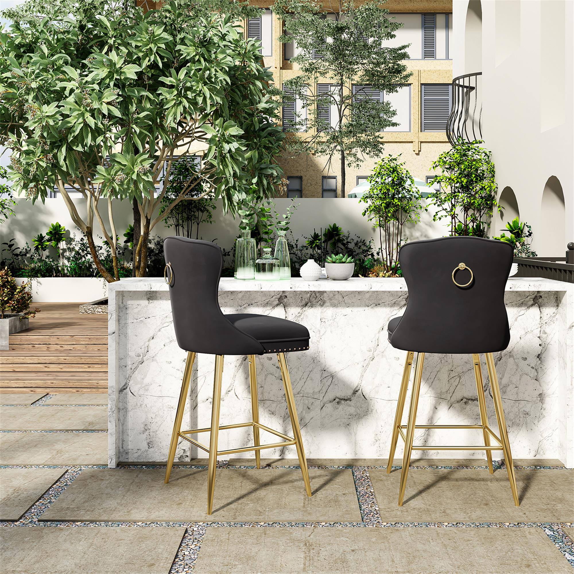 Alt View 2. Boyel Living - Black Bar Stools Set of 2 Velvet Counter Height Bar Stools with Metal Legs Button Tufted and Nailheads Trim - Black.