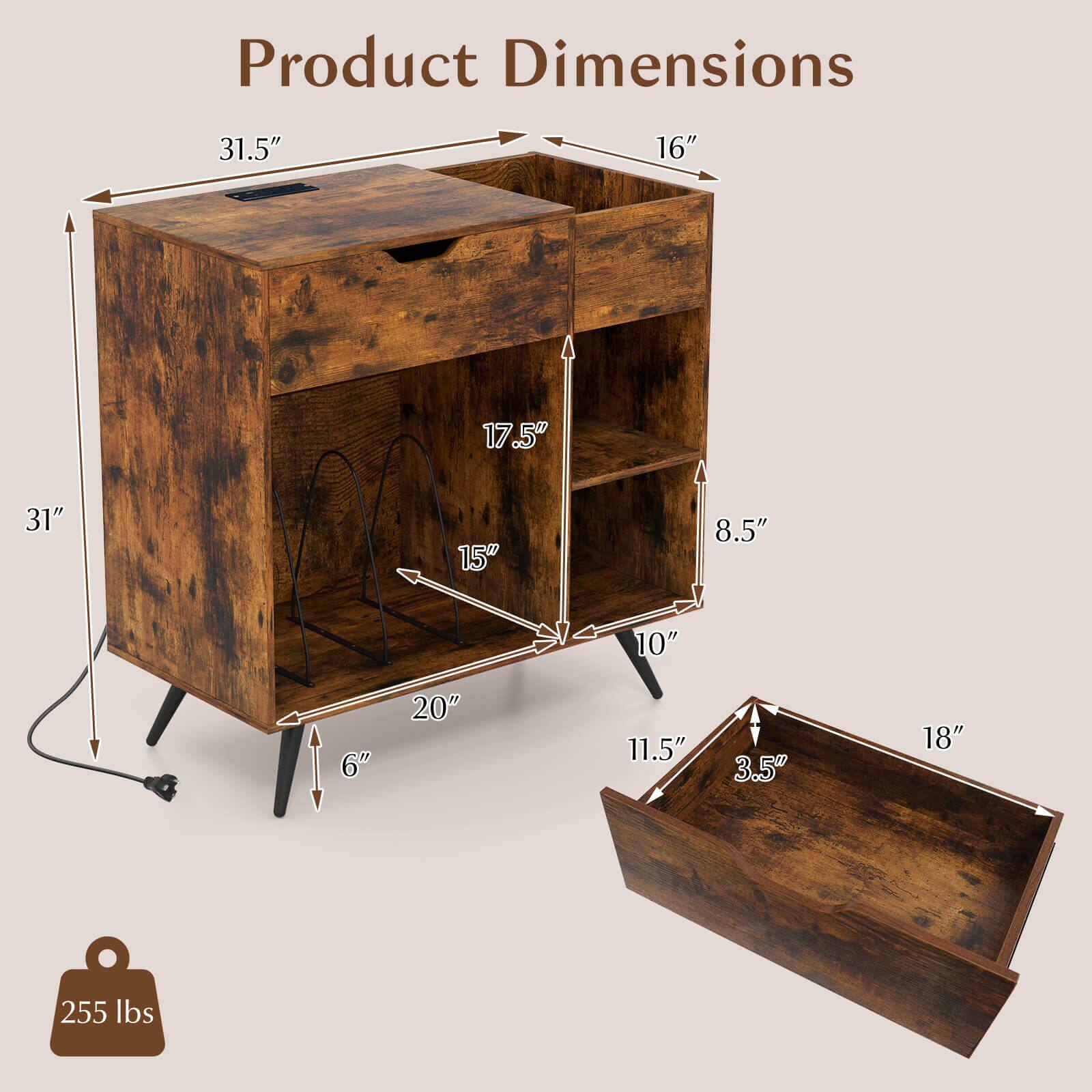 Product Dimensions

- Height: 31.5"
- Width: 16"
- Depth: 31"
- Shelf 1: 17.5" (height) x 15" (depth)
- Shelf 2: 8.5" (height) x 10" (depth)
- Drawer: 18" (width) x 11.5" (depth) x 3.5" (height)
- Overall Depth: 20"
- Overall Height: 31"
- Leg Height: 6"
- Weight Capacity: 255 lbs