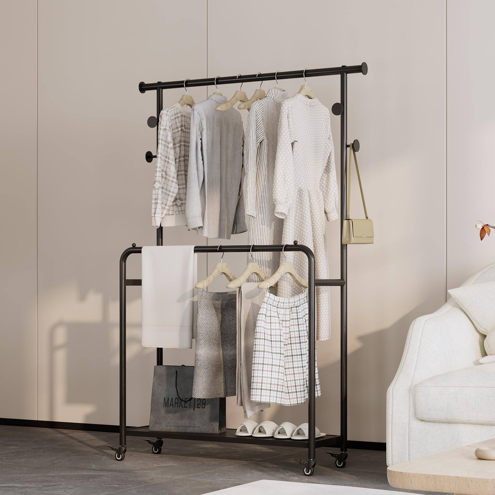 Alt View 7. Hirose Alice - Sturdy Metal Double Rods Clothes Rack With Wheels  Rolling Clothing Rack With Shelves & Hooks  Heavy Duty - black.