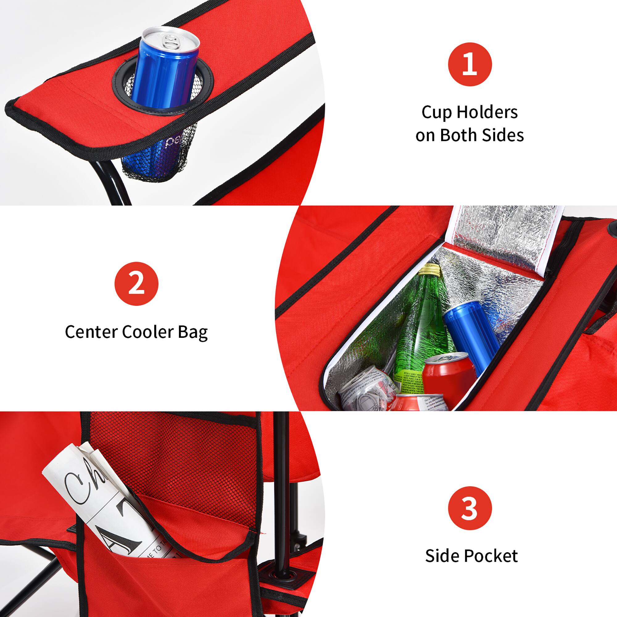 1. Cup Holders on Both Sides
2. Center Cooler Bag
3. Side Pocket