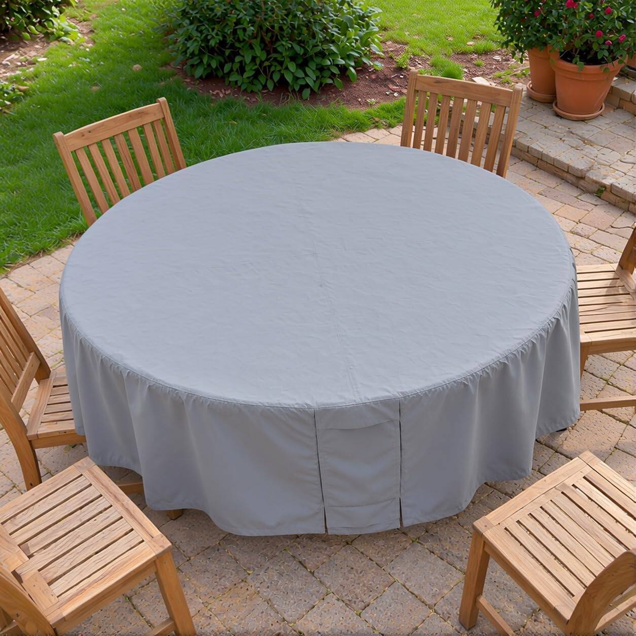 Angle. KHOMO GEAR - Round Patio Furniture Cover Waterproof, Outdoor Round Table and Chair Set Cover with Air Vents - 60" Diameter x 23"H - Gray.