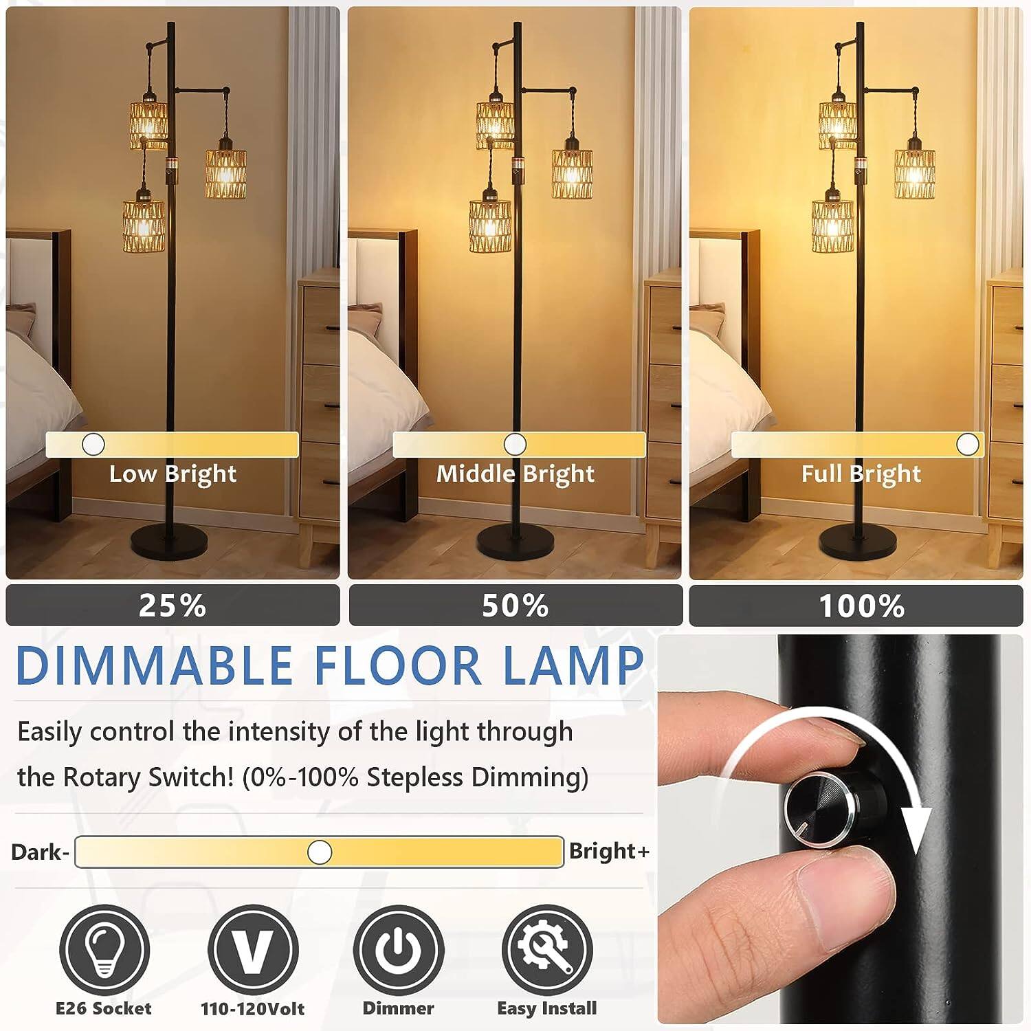 Low Bright  
Middle Bright  
Full Bright  

25% 50% DIMMABLE FLOOR LAMP  
Easily control the intensity of the light through the Rotary Switch! (0%-100% Stepless Dimming)  

100%  
Dark-  
Bright+  

V E26 Socket 110-120Volt  
U Dimmer  
Easy Install