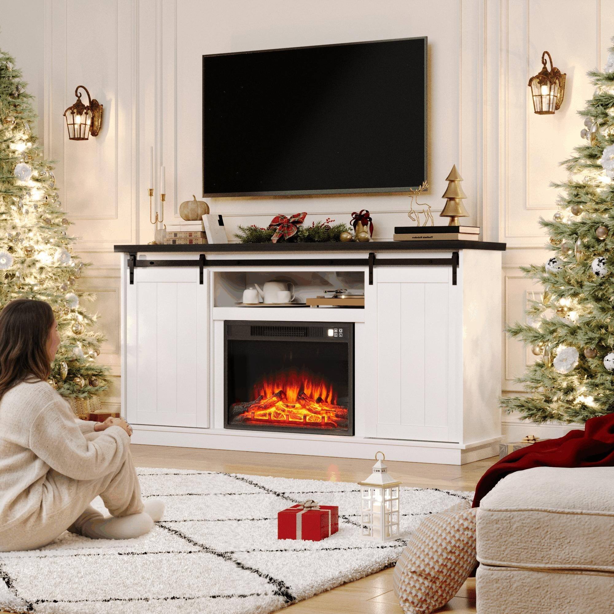 Alt View 1. U-HOMY - 63" Farmhouse Fireplace TV Stand with Sliding Barn Doors, Adjustable Shelves and Electric Heater for TVs up to 65" - White.