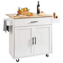Glintex - Kitchen Island Cart with Solid Wood Top, 35.4" Wide Mobile Storage Cabinet with Drop Leaf, Drawer, Spice and Towel Rack - White