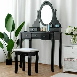 Gymax - Vanity Jewelry Wooden Makeup Dressing Table Set W/Stool Mirror & 5 Drawers - Black