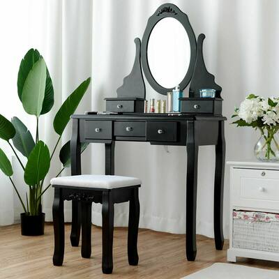 Vanity Table Set with Mirror & Cushioned Stool 5 Drawers Dressing Vanity Table Set with Mirror & Cushioned Stool 5 Drawers Dressing