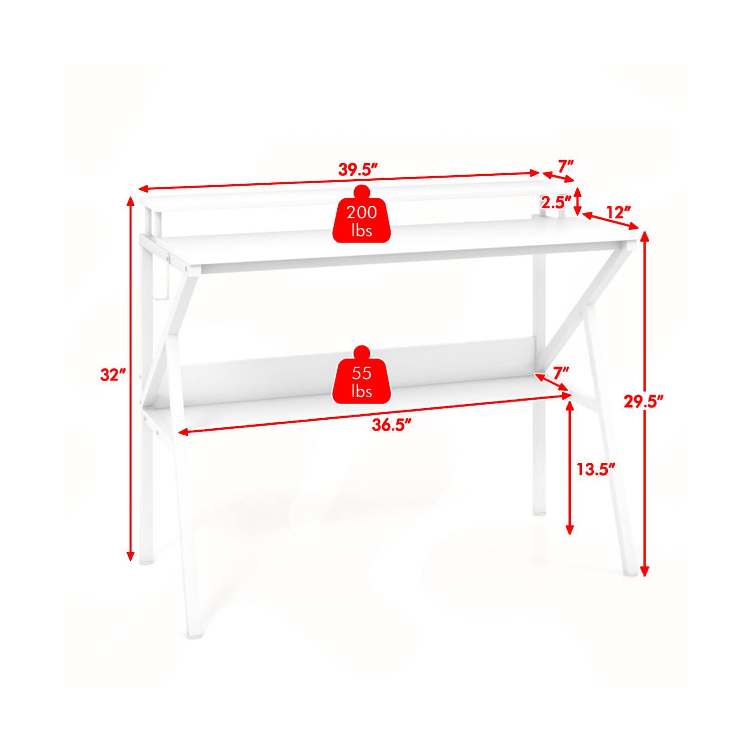 39.5" 7" 200 lbs 2.5" 12" 32" 55 lbs 36.5" 7" 29.5" 13.5"