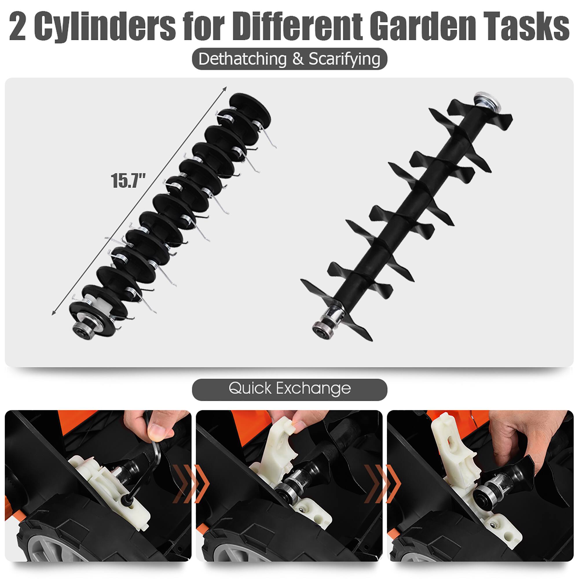 2 Cylinders for Different Garden Tasks  
Dethatching & Scarifying  
15.7" Quick Exchange