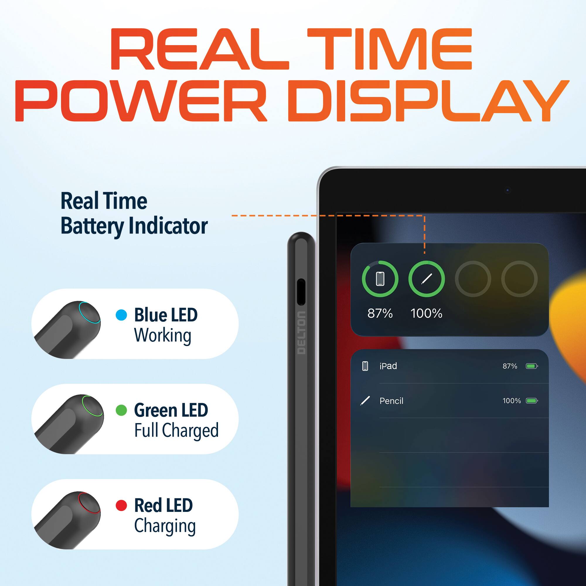 REAL TIME POWER DISPLAY

Real Time Battery Indicator

- Blue LED: Working
- Green LED: Full Charged
- Red LED: Charging

iPad: 87%
Pencil: 100%