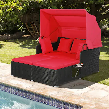 Front. Gymax - Gymax Patio Hand-Woven PE Wicker Daybed Outdoor Loveseat Sofa Set w/ Red Cushions - Red.