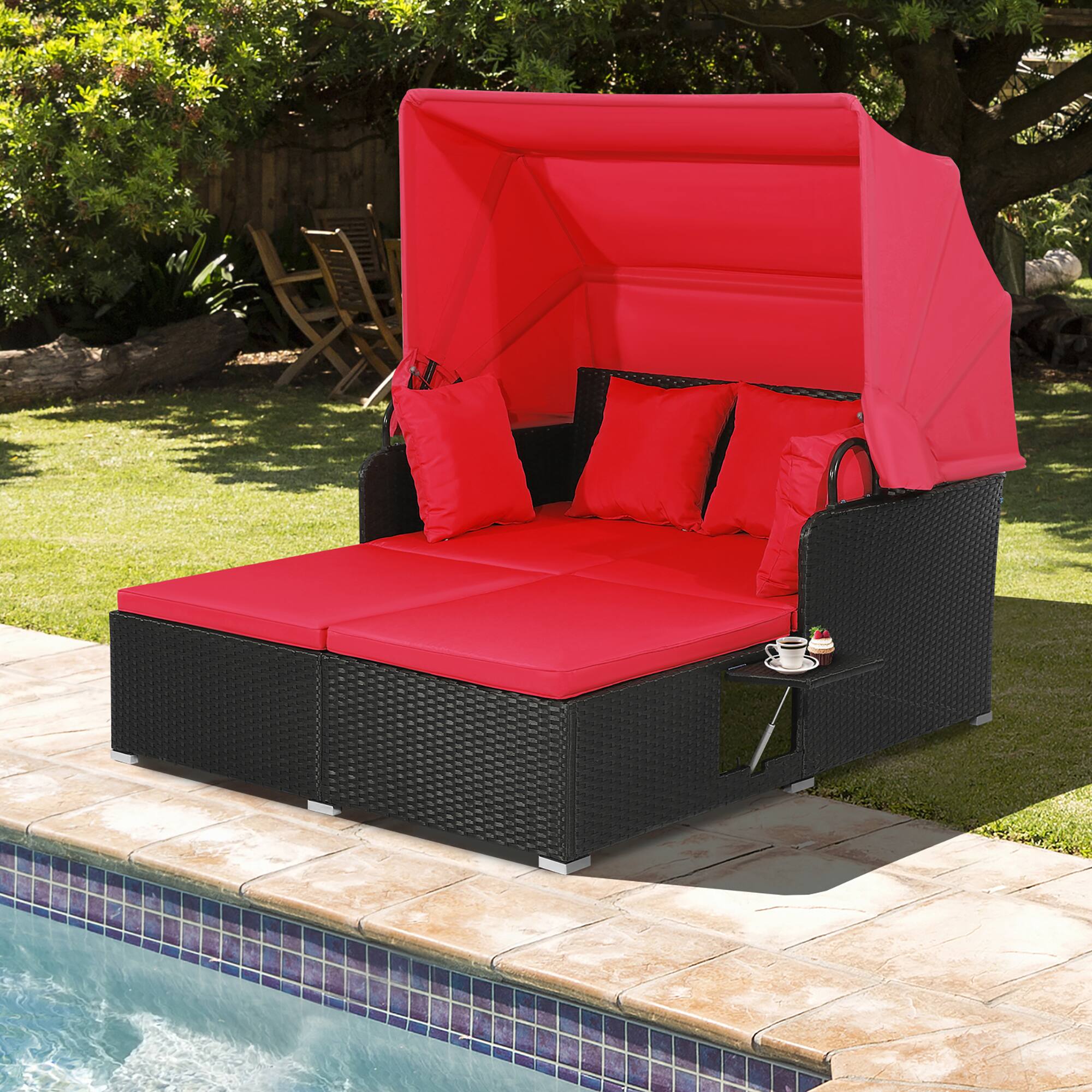 Front. Gymax - Gymax Patio Hand-Woven PE Wicker Daybed Outdoor Loveseat Sofa Set w/ Red Cushions - Red.