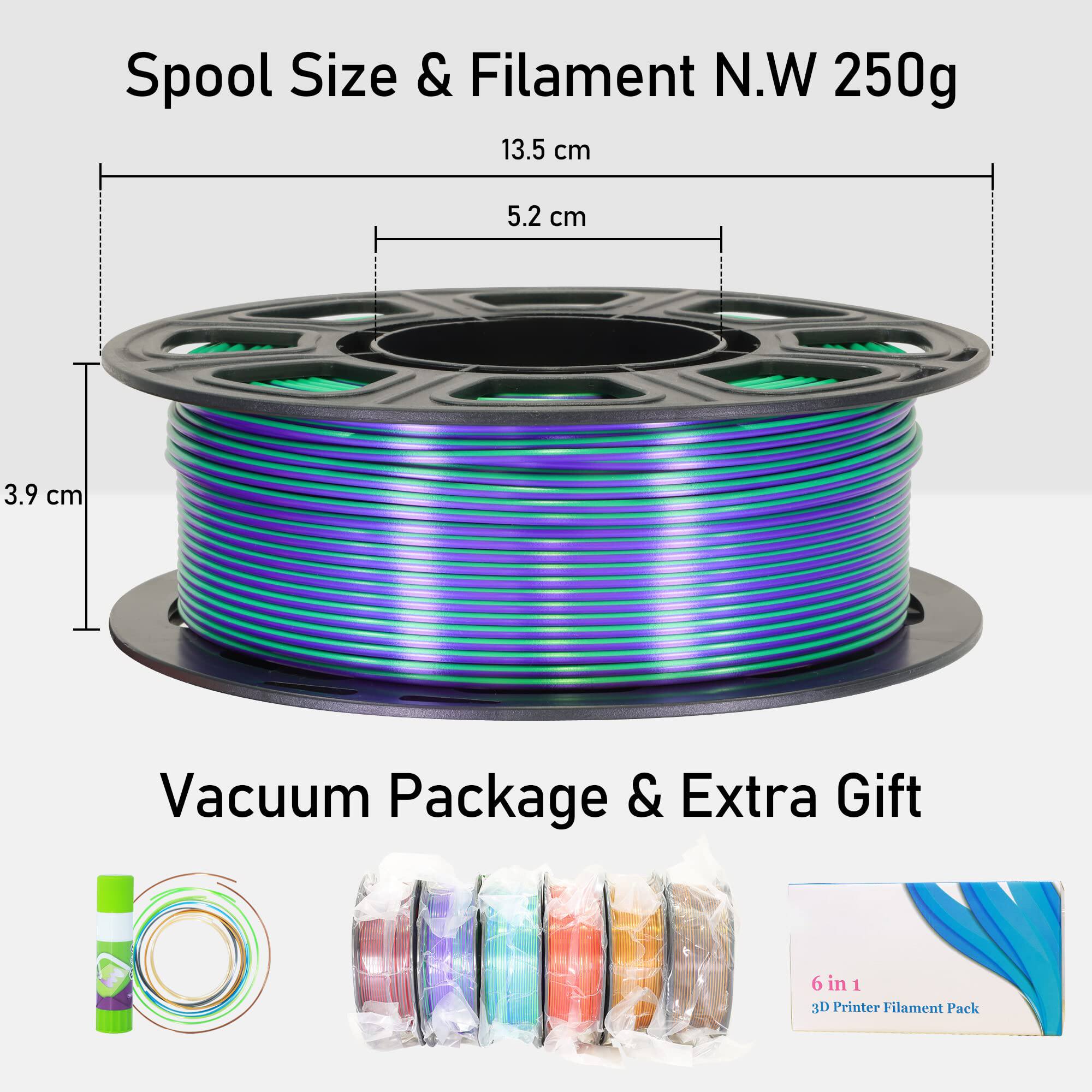 Spool Size & Filament N.W 250g  
13.5 cm  
5.2 cm  
3.9 cm  

Vacuum Package & Extra Gift  
6 in 1  
3D Printer Filament Pack