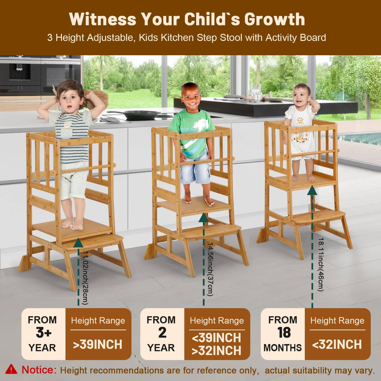 Witness Your Child's Growth  
3 Height Adjustable, Kids Kitchen Step Stool with Activity Board  

FROM 3+ YEAR  
Height Range >39INCH  

FROM 2 YEAR  
Height Range <39INCH >32INCH  

FROM 18 MONTHS  
Height Range <32INCH  

Notice: Height recommendations are for reference only, actual suitability may vary.
