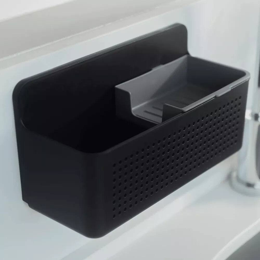 Angle. OU - Hanging Sink Organizer, Self‑Adhesive Caddy with Removable Sponge Tray for Kitchen Storage - Black.