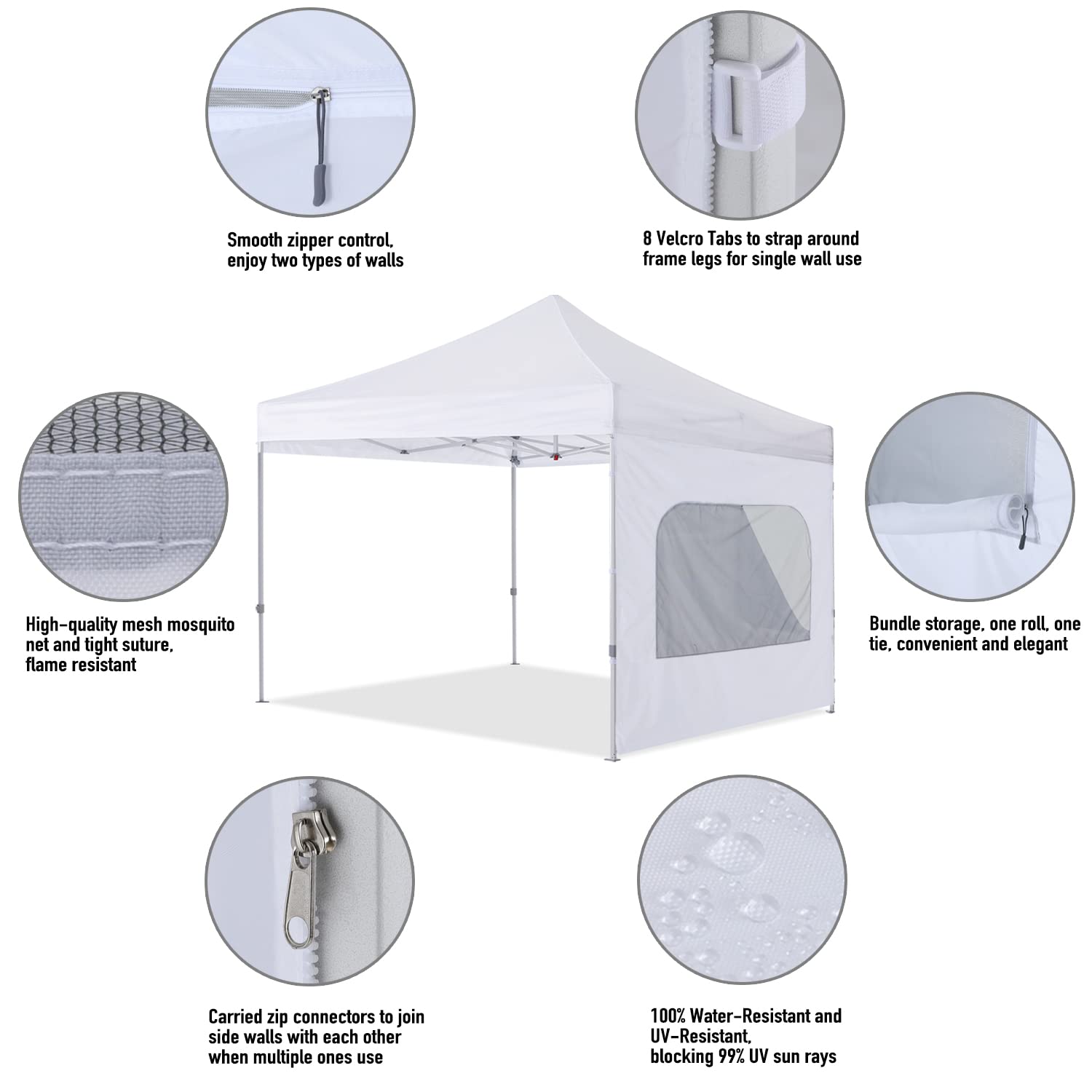 - Smooth zipper control. Enjoy two types of walls.
- 8 Velcro Tabs to strap around frame legs for single wall use.
- High-quality mesh mosquito net and tight suture. Flame resistant.
- Carried zip connectors to join side walls with each other when multiple ones use.
- Bundle storage. One roll, one tie. Convenient and elegant.
- 100% Water-Resistant and UV-Resistant. Blocking 99% UV sun rays.