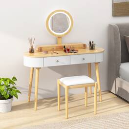 Costway - Solid Wood Makeup Vanity Desk Set with LED Lighted Mirror Drawers Cushioned Stool - Natural