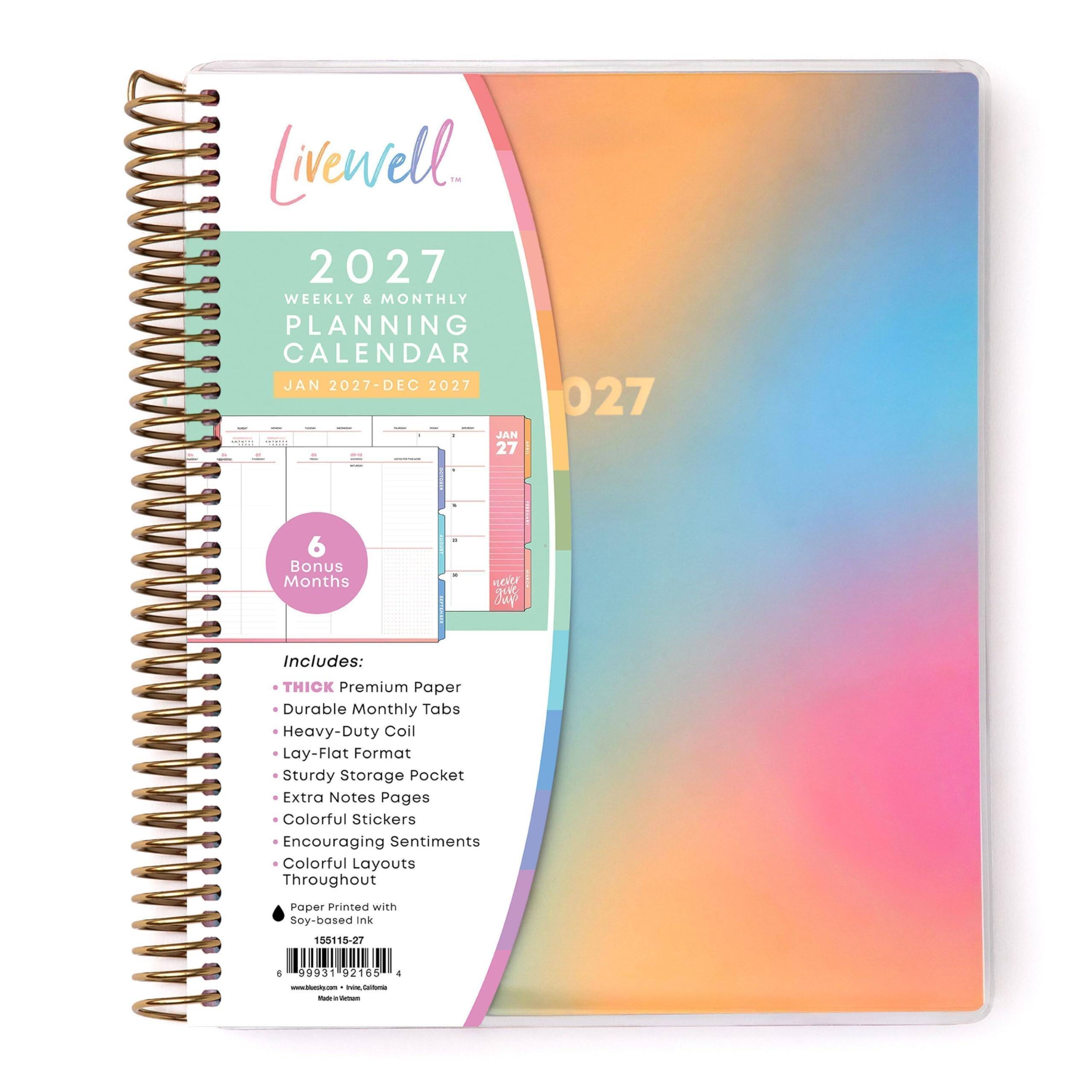 Liveniel™ 2027 WEEKLY & MONTHLY PLANNING CALENDAR JAN 2027-DEC 2027

JAN 27
027

6 Bonus Months

Includes:
- THICK Premium Paper
- Durable Monthly Tabs
- Heavy-Duty Coil
- Lay-Flat Format
- Sturdy Storage Pocket
- Extra Notes Pages
- Colorful Stickers
- Encouraging Sentiments
- Colorful Layouts Throughout

Paper Printed with Soy-based Ink

155115-27
6
99931 92165
4

www.mex.com

PARK, Comber
Made in PRODUCT