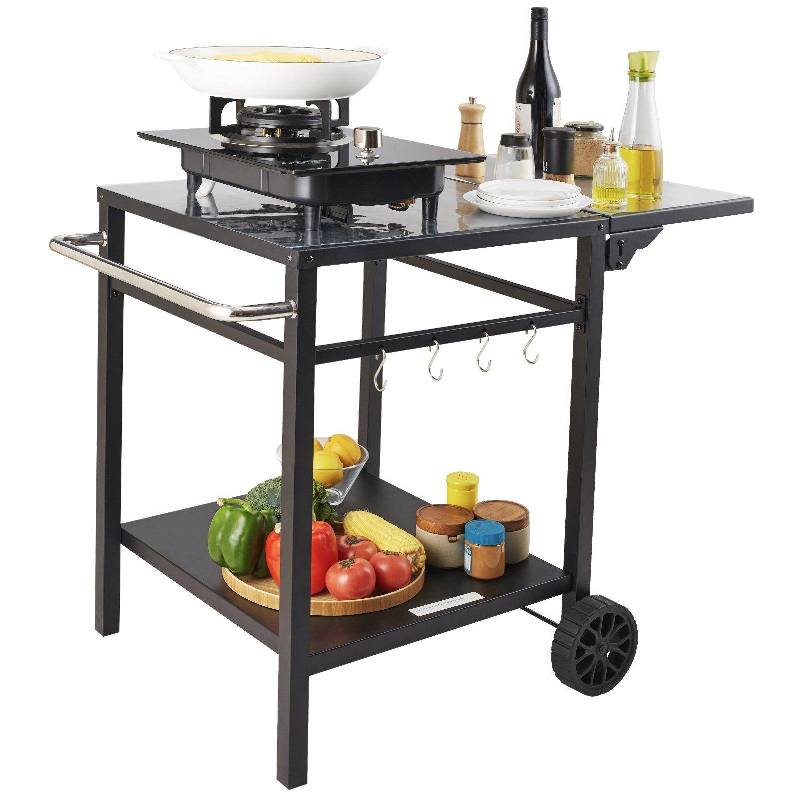 Glintex - Outdoor Grill Dining Cart with Foldable Tabletop, Double Shelves, Hooks, and Wheels for BBQ, Pizza Oven, or Food Prep - Natural