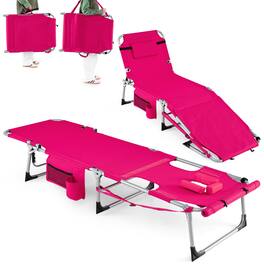 Gymax - 2PCS Tanning Chair w/Face Arm Holes 4-Level Backrest & Head Pillow Side Pocket Pink - Multicolor