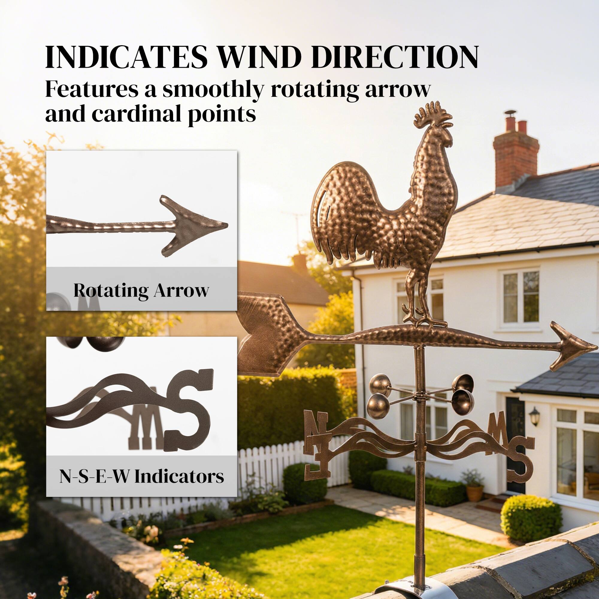 INDICATES WIND DIRECTION  
Features a smoothly rotating arrow and cardinal points  

Rotating Arrow  

N-S-E-W Indicators