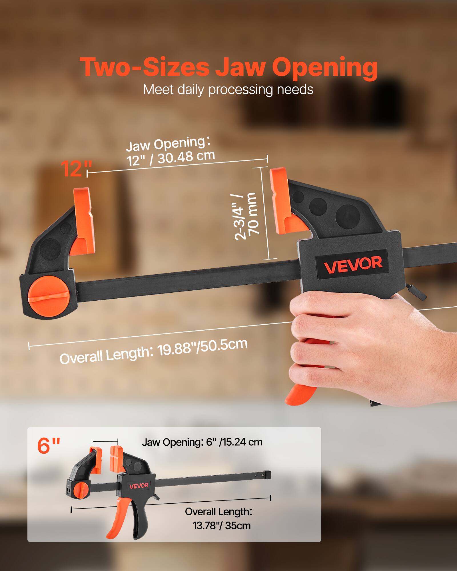 Two-Sizes Jaw Opening  
Meet daily processing needs  

12" Jaw Opening: 12" / 30.48 cm / 70 mm  
Overall Length: 19.88" / 50.5 cm  

6" Jaw Opening: 6" / 15.24 cm  
Overall Length: 13.78" / 35 cm