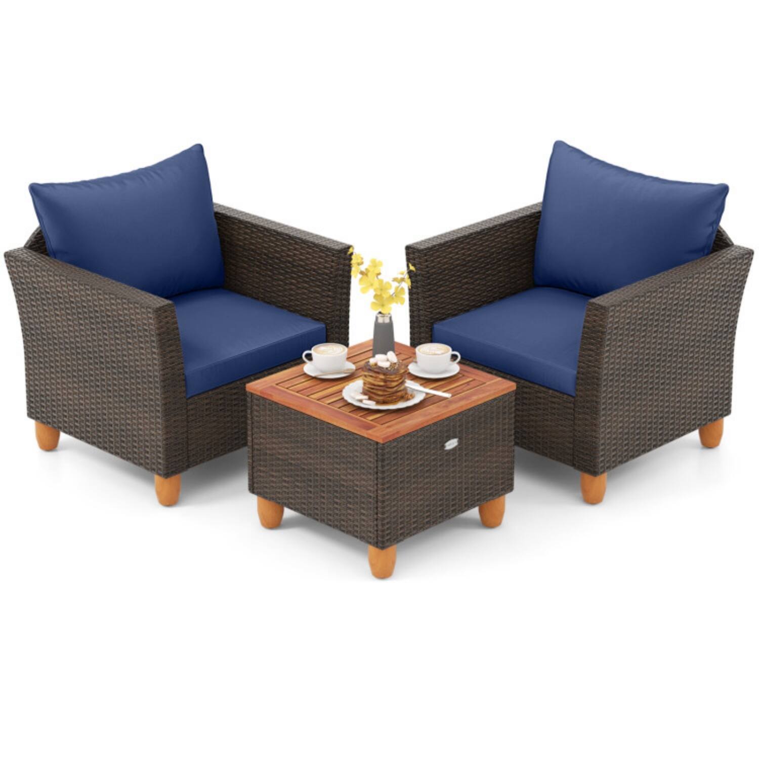 Alt View 4. Mondawe - Compact Freestanding Patio PE Wicker Set with Cushions and Storage Table 3-Piece - Mix Brown+Navy.