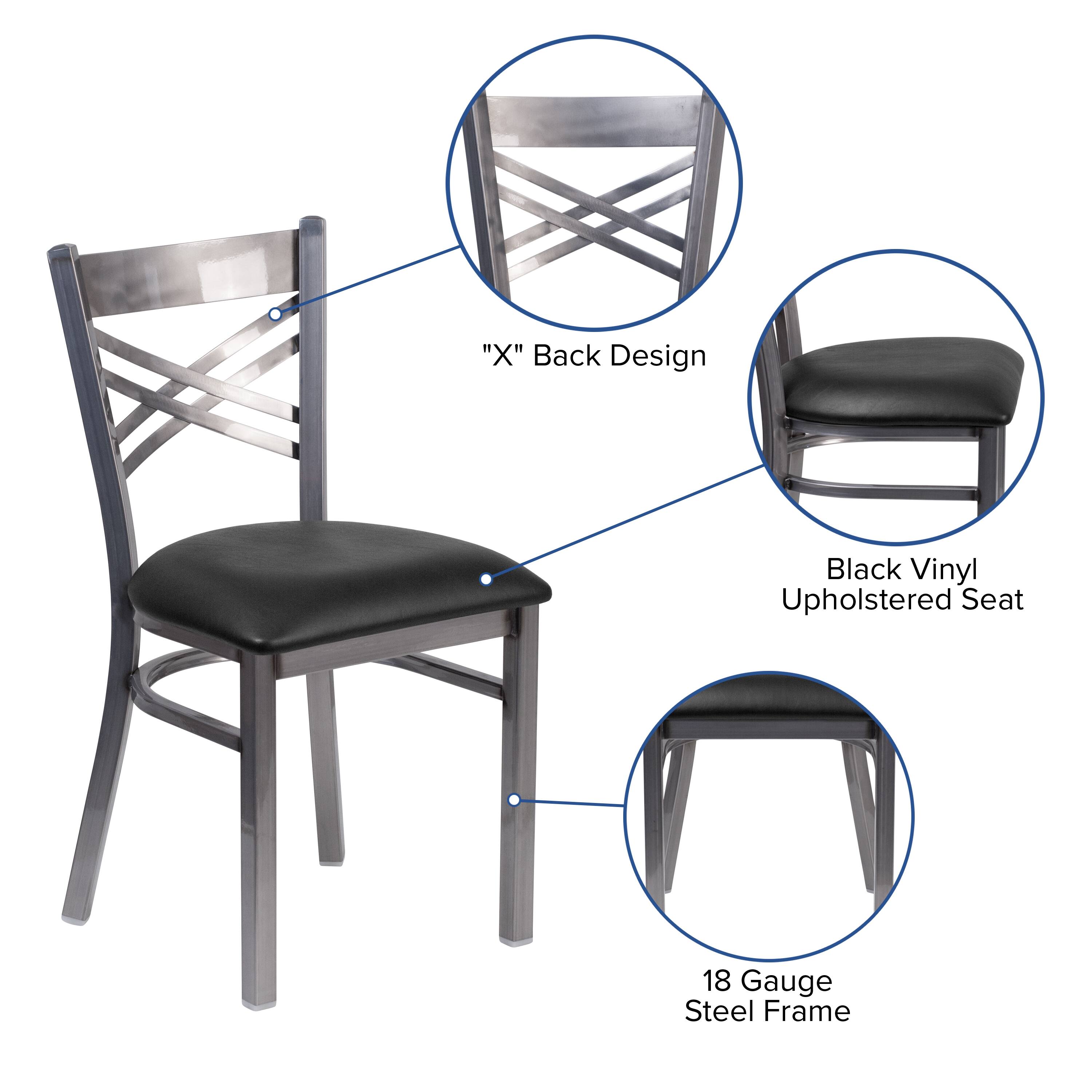 "X" Back Design  
Black Vinyl Upholstered Seat  
18 Gauge Steel Frame