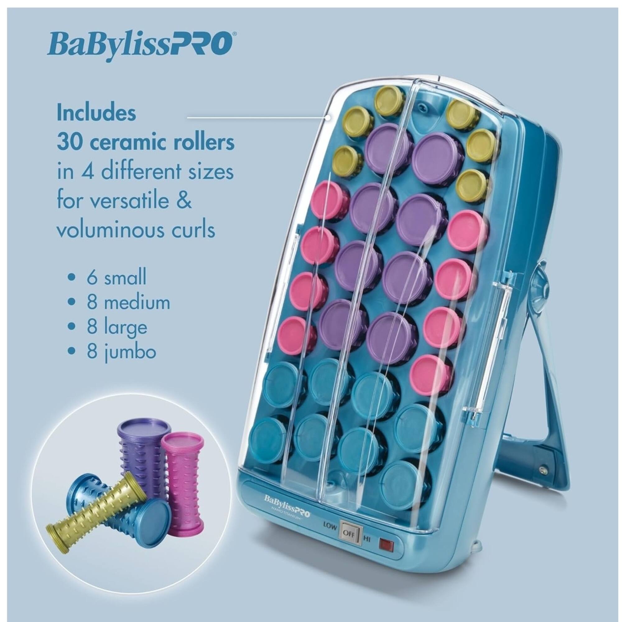 BaBylissPRO Includes 30 ceramic rollers in 4 different sizes for versatile & voluminous curls: 6 small, 8 medium, 8 large, 8 jumbo.