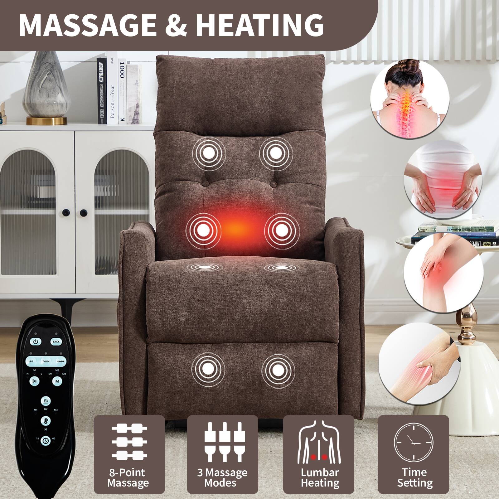 MASSAGE & HEATING

- 8-Point Massage
- 3 Massage Modes
- Lumbar Heating
- Time Setting