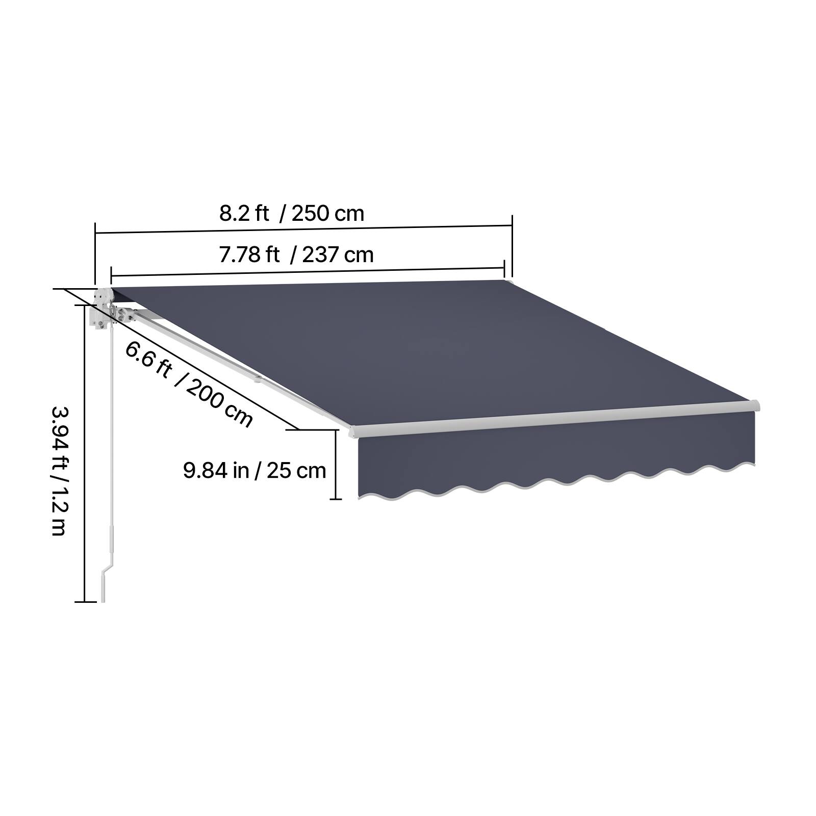 8.2 ft / 250 cm  
7.78 ft / 237 cm  
6.6 ft / 200 cm  
3.94 ft / 1.2 m  
9.84 in / 25 cm