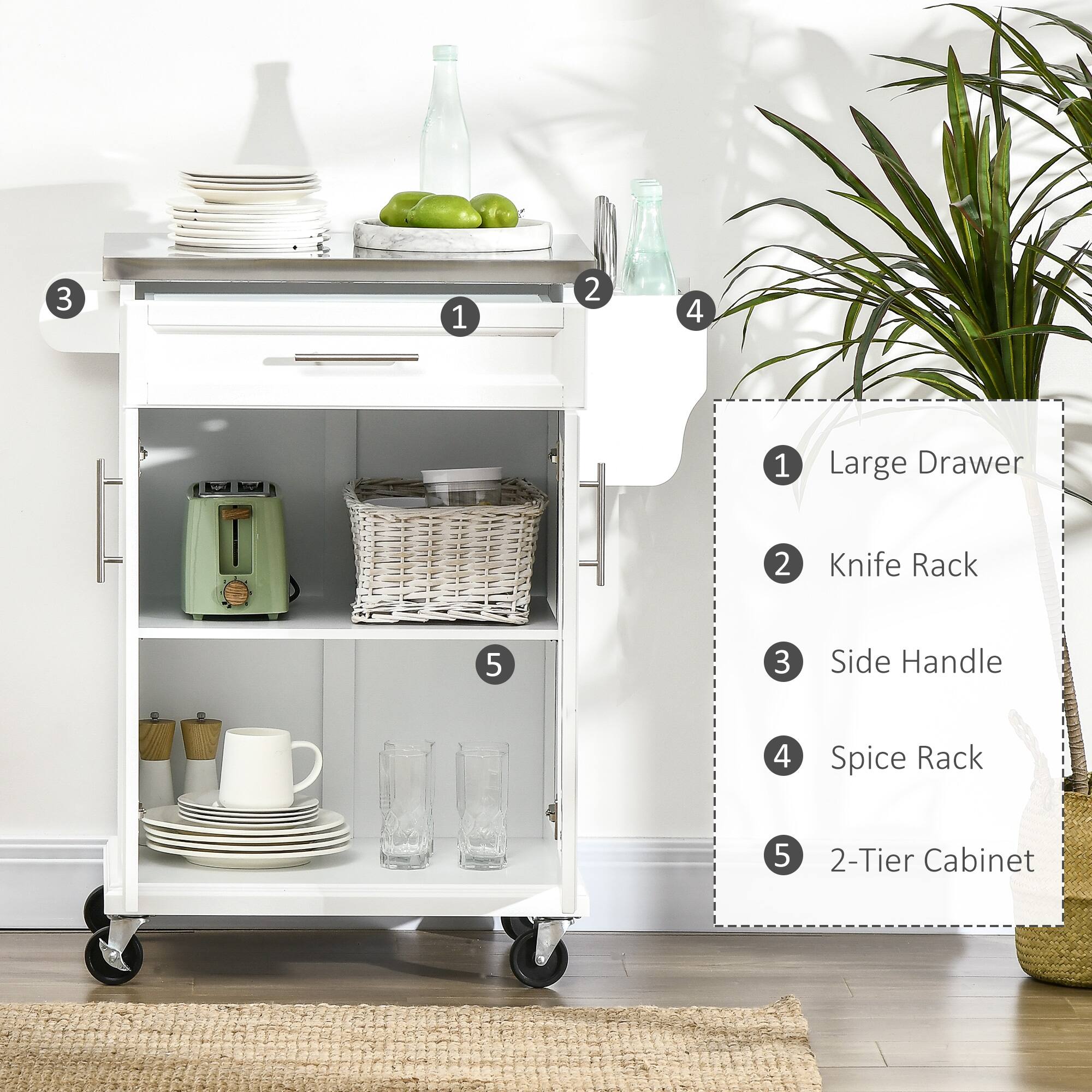 1. Large Drawer
2. Knife Rack
3. Side Handle
4. Spice Rack
5. 2-Tier Cabinet