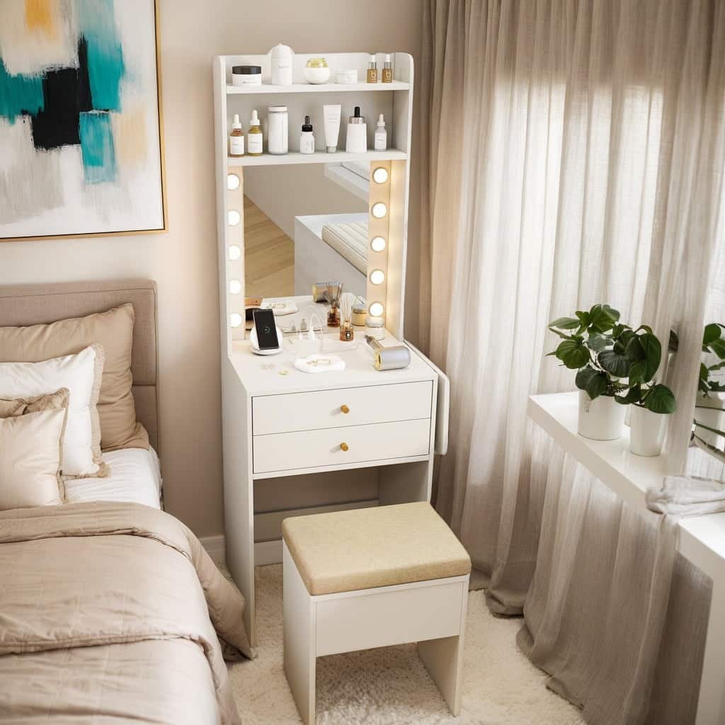 Kadyn - Table & Chair Vanity Set, Vanity Set,Compact Vanity Desk Set with 3-Color Lighted Mirror and Power Outlets - White