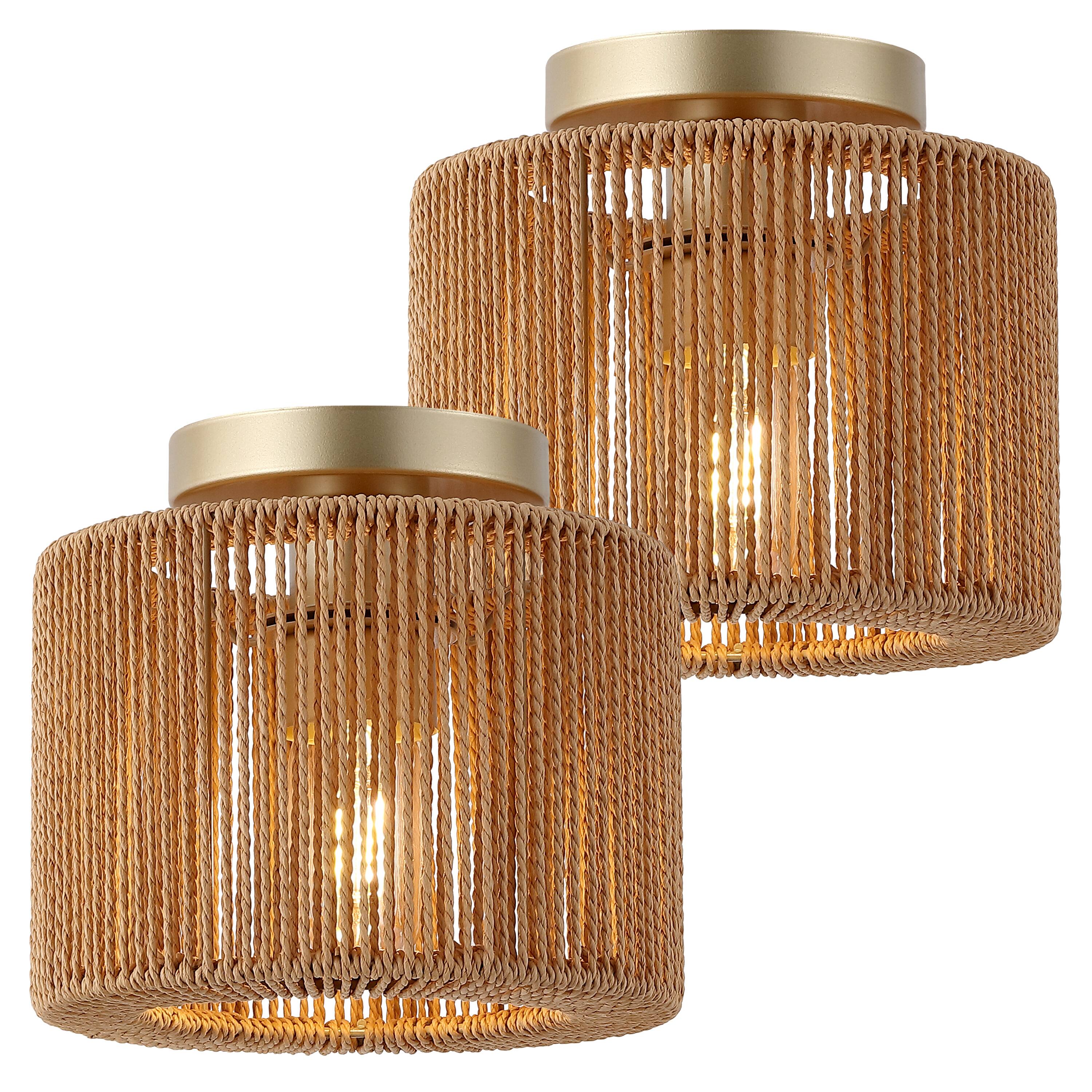 Front. Jonathan Y - Omar Set of 2 Modern 8" Gold Painting Metal Flush Mount with Brown Paper Cylinder Straight Weave Shade, for Bedroom - Brown.
